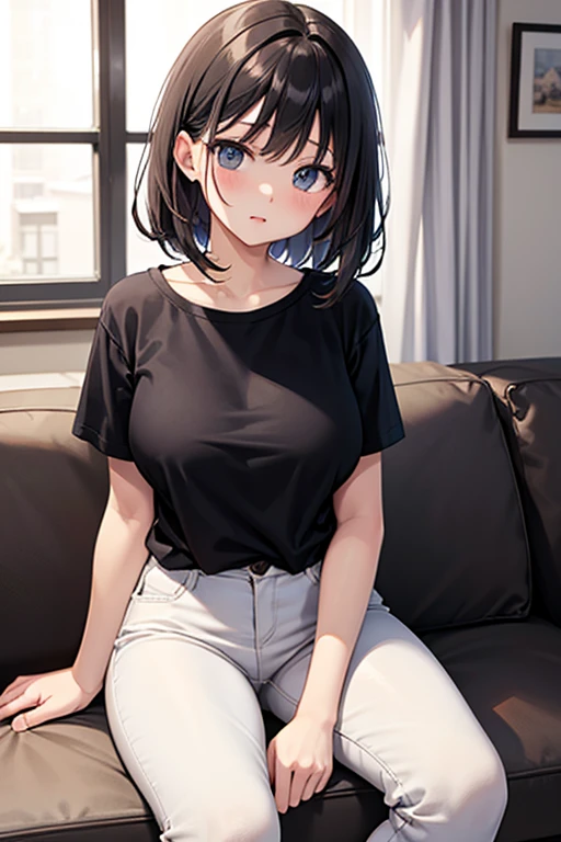、Black hair straight、short hair、Remove eye highlights、Blushing、Open your mouth、Spread your legs、Miniskirt、Tank top、Show your breast