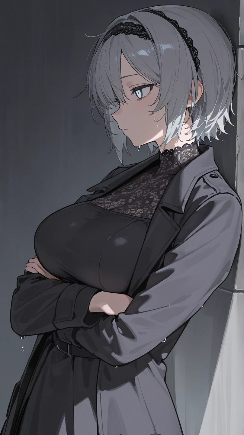 Mommy short silver gray hair messy huge with very big and huge breasts wearing black tactical uniform pleated skirt with trench coat