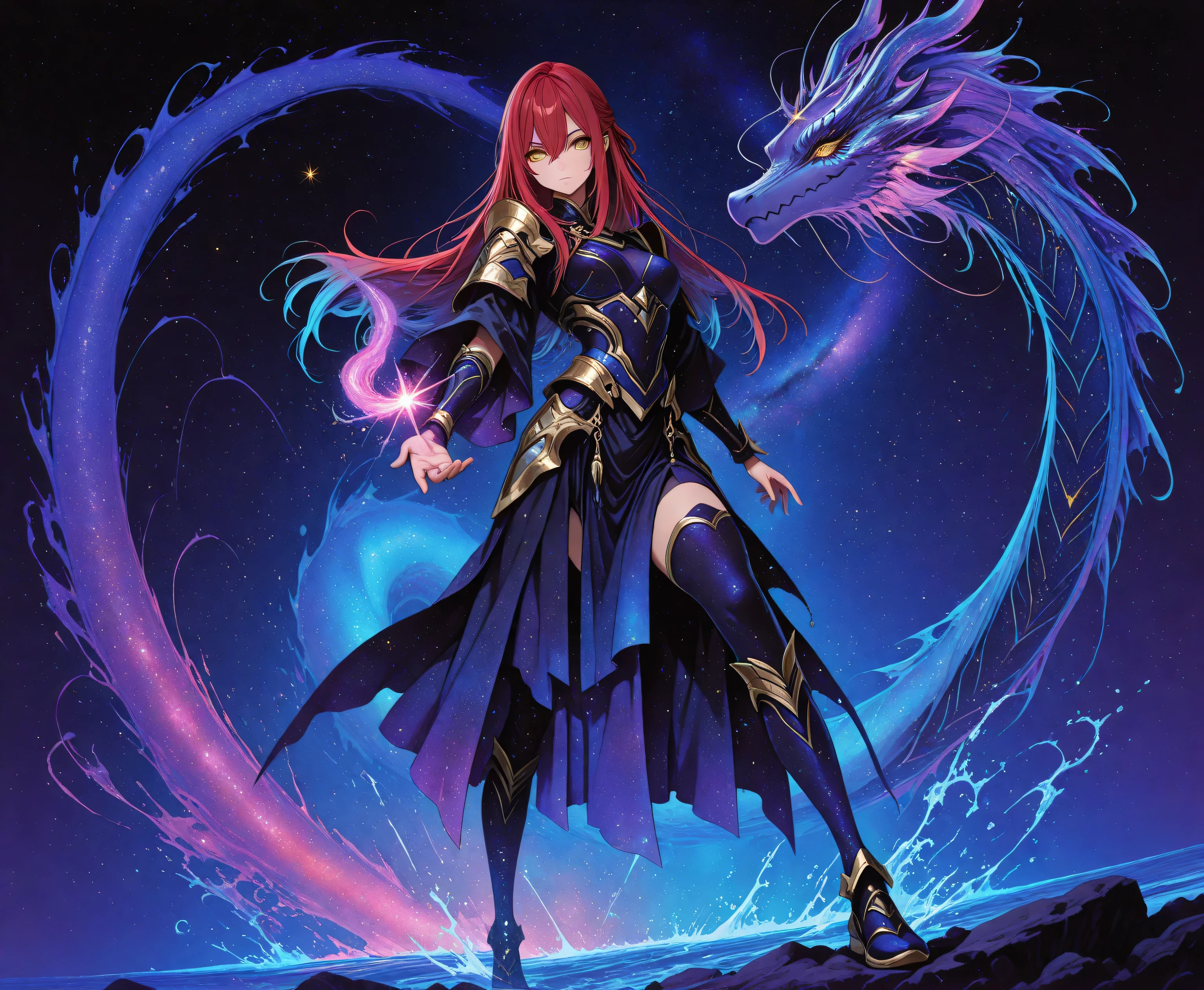 A fierce young maiden fused with the legendary Yamata no Orochi, standing over a raging ocean. Eight serpentine water streams swirl around her, each glowing with energy. She commands the waves, water columns rise like dragons into the sky. Her hair flows like kelp, and her ornate outfit is inspired by sea shells and ancient armor, cinematic lighting, high-action pose, splash effects, mythological fantasy style, detailed textures, 1 girl , golden eyes , very long hair , long sidelocks, red hair ,half updo, petite , very cute , beautiful ,Straight hair, cool, handsome, hair between eyes, sexy, medium breasts, full body, spiral dragon around her
dream galaxy, star, galaxy (theme), surreal, dreamcore, blue lineart, galaxy elements, aesthetic, soft colors, pastel colors, colored lineart, ((blue tones: 1.2)), ((purple tones: 1.2)), glitter effect, fantasy style, traditional japanese art, fighting stance,traditional japanese art, fighting stance ,((correct_anatomy)), dynamic pose, dynamic angle, action pose