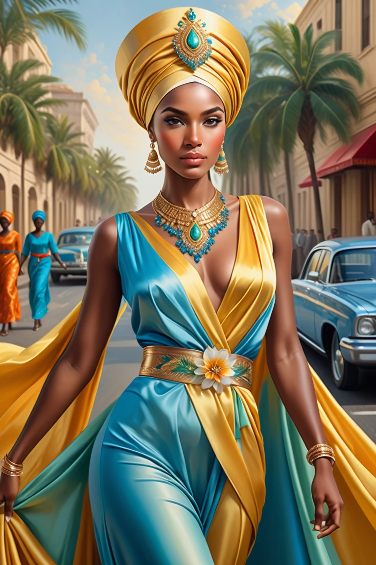 A black African woman with an afro hairstyle is standing on the street. She has a confident and powerful presence, with her expressive eyes and captivating smile drawing attention. Her body is curvaceous and full-figured, with big breasts and a thick physique. The woman is completely naked, but she is wearing a see-through dress that drapes sensually over her body, highlighting her curves. The dress is made of a delicate and elegant fabric that allows a glimpse of her skin, adding a touch of allure to her appearance.

The image quality of the artwork is of the highest standard, with a resolution of 4k or 8k. Every detail, from the texture of the fabric to the strands of the woman's hair, is meticulously rendered. The artwork achieves a realistic and photorealistic style, capturing the essence of the scene with precision.

The color palette of the image is vibrant and vivid, accentuating the richness of the woman's skin tone and the translucency of the dress. Warm earthy tones dominate the scene, creating a sense of warmth and intimacy. The lighting is carefully designed to enhance the woman's features, with a soft and diffused glow illuminating her face and body. The overall composition of the artwork exudes a sense of confidence, beauty, and empowerment, capturing the essence of the black African woman in all her glory.

[Portrait] The artwork focuses on depicting the physicality and beauty of the black African woman, celebrating her unique features and individuality. The portrait style emphasizes the woman's facial expressions and features, capturing the depth of her emotions and experiences.

[Street scene] The setting of the artwork is a vibrant urban street, with people bustling in the background. The street adds an element of realism and context to the scene, showcasing the woman's presence in a public space.

[Confidence] The woman's posture and expression exude confidence and self-assurance. She carries herself with pride and grace, radiating strength and em