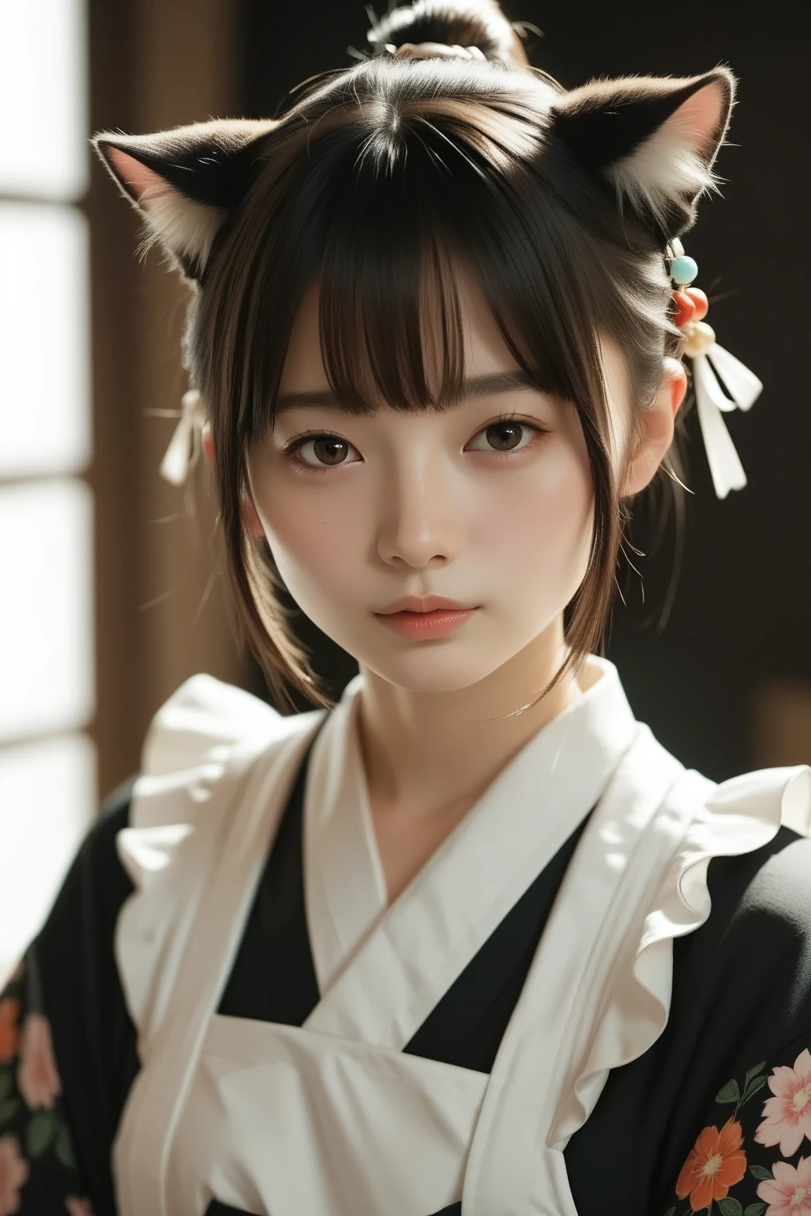 (1 nogizaka girl,raw photo,photo realistic:1.5),(best quality, high quality,HDR, highest quality,ultra high resolution,high resolution,high res,ultra high difinition,huge file size,8K,2K wallpaper,8K wallpaper,high quality texture,amazing,an extremely delicate:1.4),one girl, Japanese famous idol,beautiful face,small face,absurd,ridiculous,incredibly ridiculous,portrait,breasts close up,blurry background,(kimono,cleavage,no makeup:1.2),medium skin,beautiful skin,detailed skin,small head,black hair,silky hair,(Japanese eyes,almond eyes:1.5),detailed eyes,black eyes,Japanese idol eyes,Japanese nose,5-fingers,(eyebrow:-0.5),(Light Particles, Lens Flare, Luminous Particles: 0.7),looking at viewer,bright lighting,professional lighting,girl