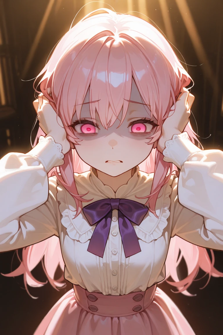 dynamic pose , dynamic angle , masterpiece , best quality , amazing quality , very aesthetic , absurdness , newest , highly detailed , high-resolution , beautiful , gorgeous , perfect skin , perfect body shape , thin waist , wide hips , thick thighs , big round butt , GG breasts , flat stomach , slight tone , stunning girl , toned body , twisted expression , perfect make up , detailed eyes , center of attention , Mirai Nikki , The Future Diary , Yuno Gasai , pink hair , Yuno school clothing , Yuno school outfit , yandere , glowing eyes , blushing , penis shadow , huge penis shadow , kneeling pov , looking up , cock shock , penis awe , solo , only penis shadow , 