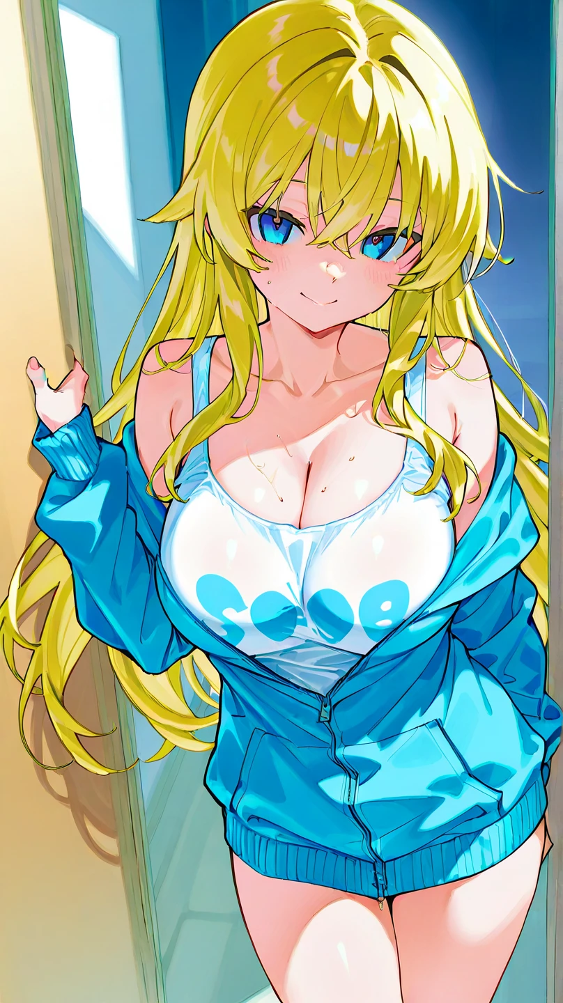 " ((All briefs body visible)), (arms above head),("dark blue briefs and bra "),(love room night day),(beautiful anime specific eyes), (long blonde wavy hair),(looking at viewer),(very huge tits),(masterpiece anime face ),(1girl),(realistic), (masterpiece eyes detailed) "