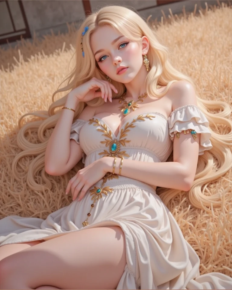 1girl,solo,jewelry,necklace,dress,red skin,colored skin,hair ornament,breasts,long hair,flower,blonde hair,choker,realistic,watermark,hair flower,medium breasts,looking at viewer,web address,own hands together,cleavage,wheat,wheat floating around,wheat in air,blowing,standing in wheat field,