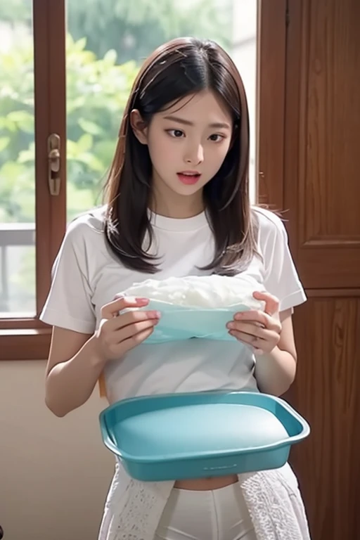 Full color photography、Photorealistic、８k、(1 old broken washing machine、Rusty)、old、Beautiful woman、Naked apron、Large Breasts、Wide Lens、Full Body、