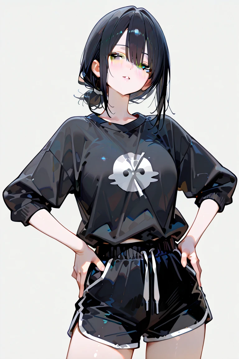 wariza,(child),(masterpiece,Highest Quality),Crop Top Look,Short sleeve hoodie,(Black mini skirt with gingham check),A dark-haired