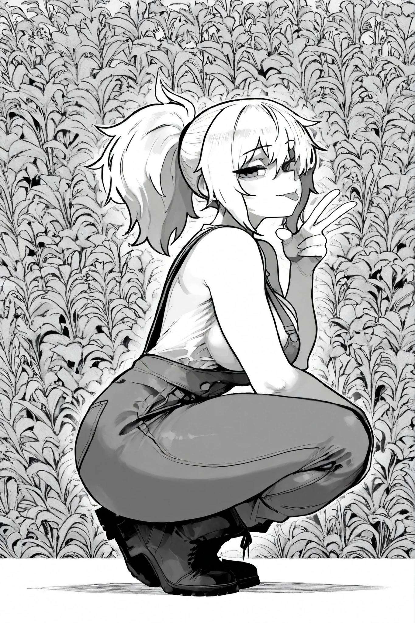 score_9, score_8_up, score_7_up, score_6_up, score_5_up, score_4_up,
BREAK
(masterpiece: 1.0), best quality, perfect anatomy, perfect composition, perfection,
BREAK
cinematic lighting, stopu42
BREAK
1girl, monochrome, greyscale, manga art, hatching /shading/, hyperdetailed shading, looking at viewer, tongue out, squatting, from side, white hair, ponytail, big breasts, overalls, thick thighs, combat boots, beautiful body, flower background