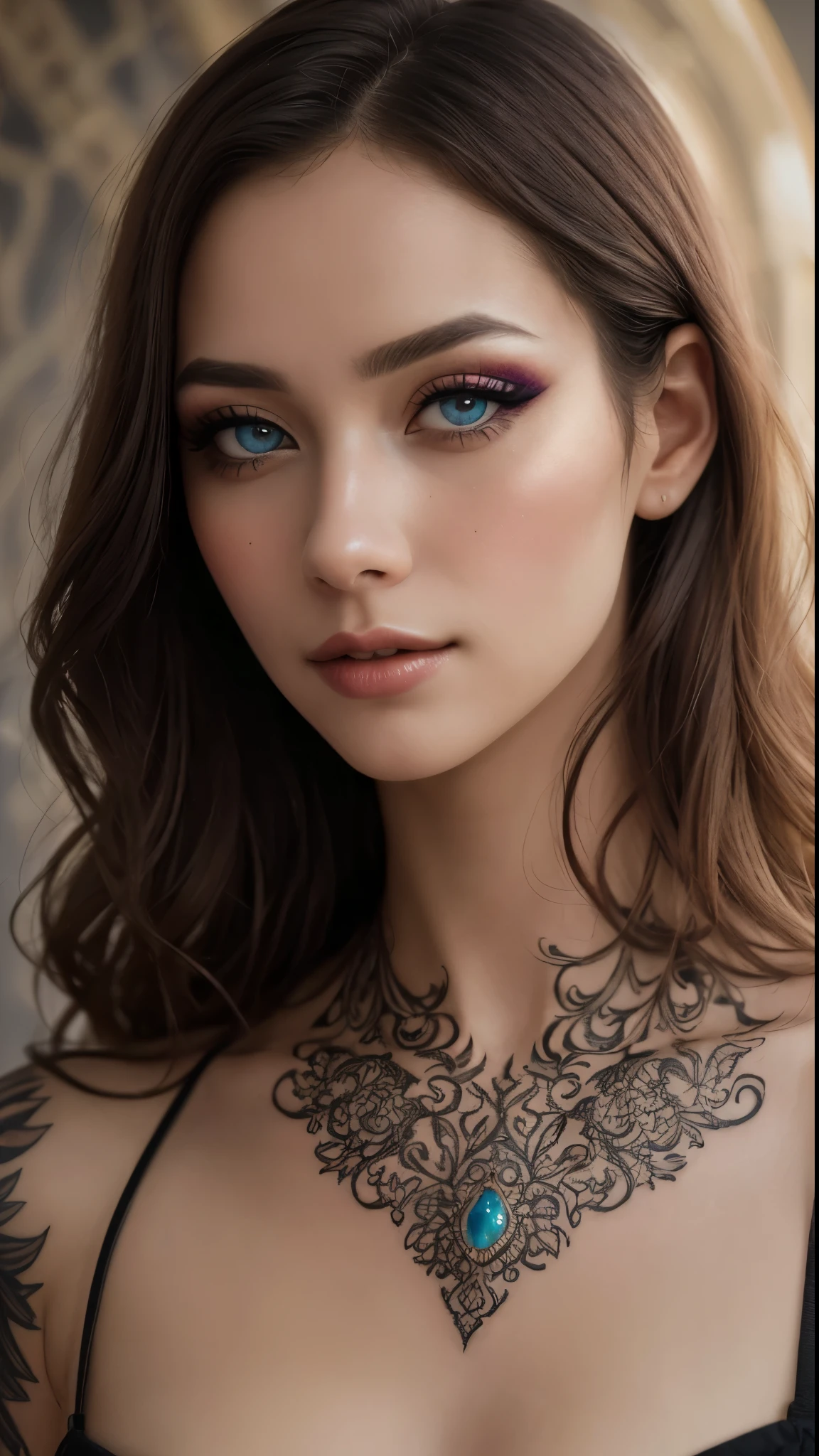 A breathtaking full body portrait of pure femininity, highlighting unparalleled beauty, captivating eyes, and skillful makeup with blush. The scene is adorned with intricate details, and the harmonious background creates a perfect balance. (Breathtaking portrait of pure femininity:1.4), (Unparalleled beauty with incredible eyes:1.3), (Skillful makeup with blush:1.4), (Adorned with intricate details:1.3), (Harmonious background for perfect balance:1.4), HDR. Inspired by captivating portrayals of femininity, this image emphasizes beauty, mesmerizing eyes, skillful makeup, and a harmonious background with intricate details. 4K UHD image, Cinematic view, Photorealistic, High-definition, Intricate, Sharp, Ultra-detailed, Crisp
flower tattoos, (mystical tattoos),
BREAK,
(masterpiece:1.1), (bestseller), (masterful), hotify, sexy, nsfw, intricate detail, photo, high resolution, highres, intricate detail, (shiny skin:1.2), extremely high detail, extreme detail, Fuji Film, photograph, (realistic skin texture:0.4), (volumetric lighting), (dynamic lighiting), godrays, Rembrandt lighting, real shadows, intricate detail, photorealistic, photograph, photo, dlsr, Fuji Film, extremely high detail
