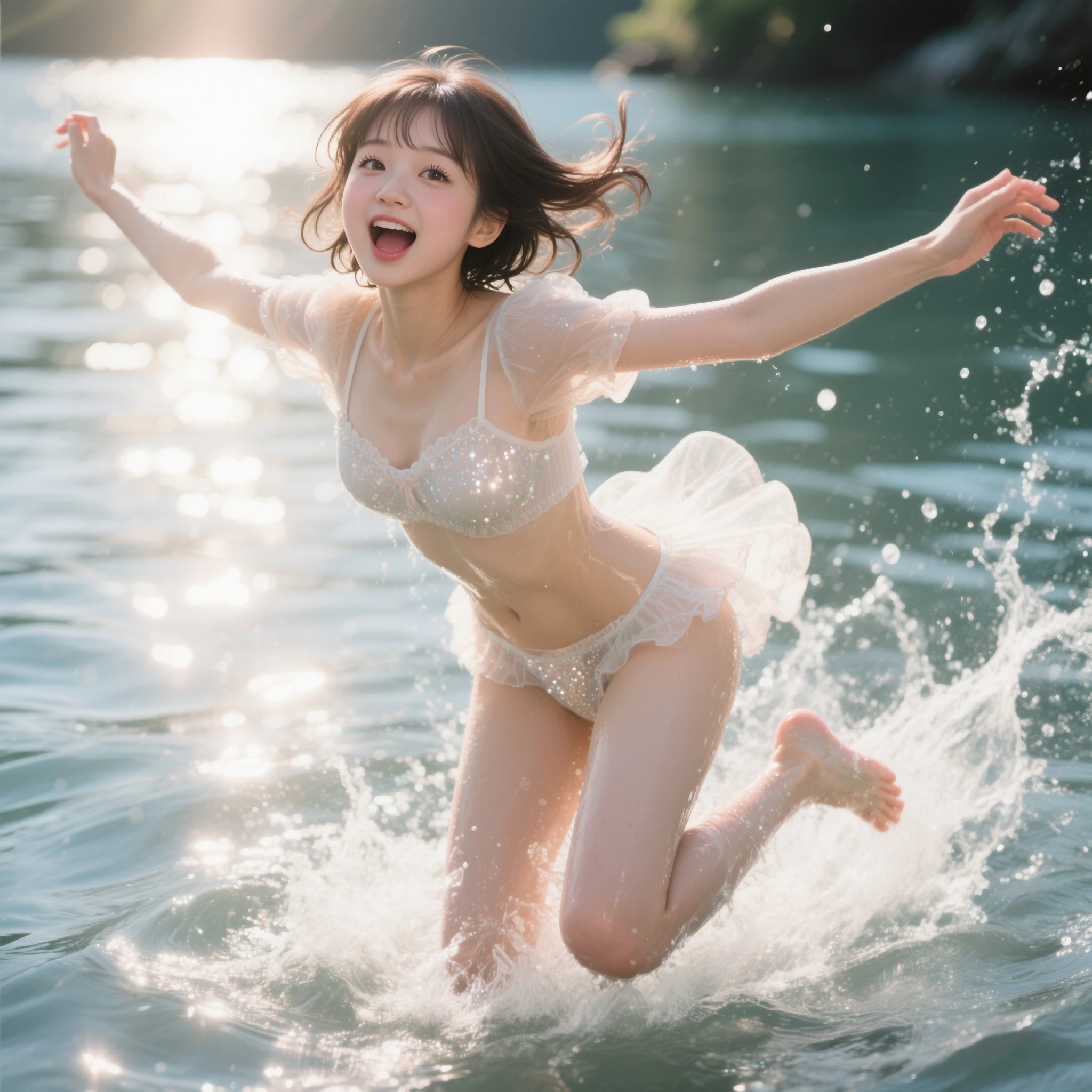 (8K TopQuality masterpiece: 1.2)(Realistic ProfessionalPhoto:1.37), VolumetricLighting. Tiny Girls, (((girl jumping into the water)))、Falling、splash water、shout、Luminous water surface、White and Bright colors, back lighting, Radiant PearlSkin with Transparency, sparkling highlights, Detailed KAWAII face with cute lips, long eyelashes, (White Skinny) Delicate lace clothes, Detailed open crotch, MotionBlur (Joyful Expressions LifeLike Rendering) {BabyFace|ThighGap|Dazzling RainbowColor Horizon}, {HiddenHands|Corrected BabyLikeHand} (Exposed:-0.6) (((no extra limbs))) glowing body