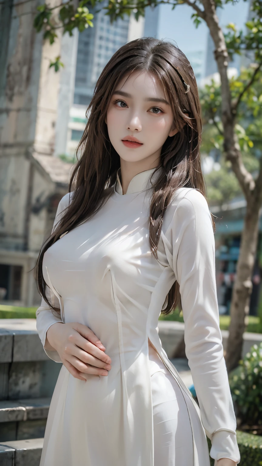 (8k, raw photos, realistic: 1.25), (lip balm, eyelash, shiny face, shiny skin, best quality, Ultra high resolution, depth of field, Chromatic aberration, Moisturized lips, A specially trimmed face, Eyes with sparkling details, black hair, semi-long, 1 girl, wearing amm shirt, red top, long sleeve, Wear a long skirt., red long skirt acm, print skirt), (Huge breasts, เต้าBig tits, Eye-catching breasts, Big tits), outdoor, sunlight.