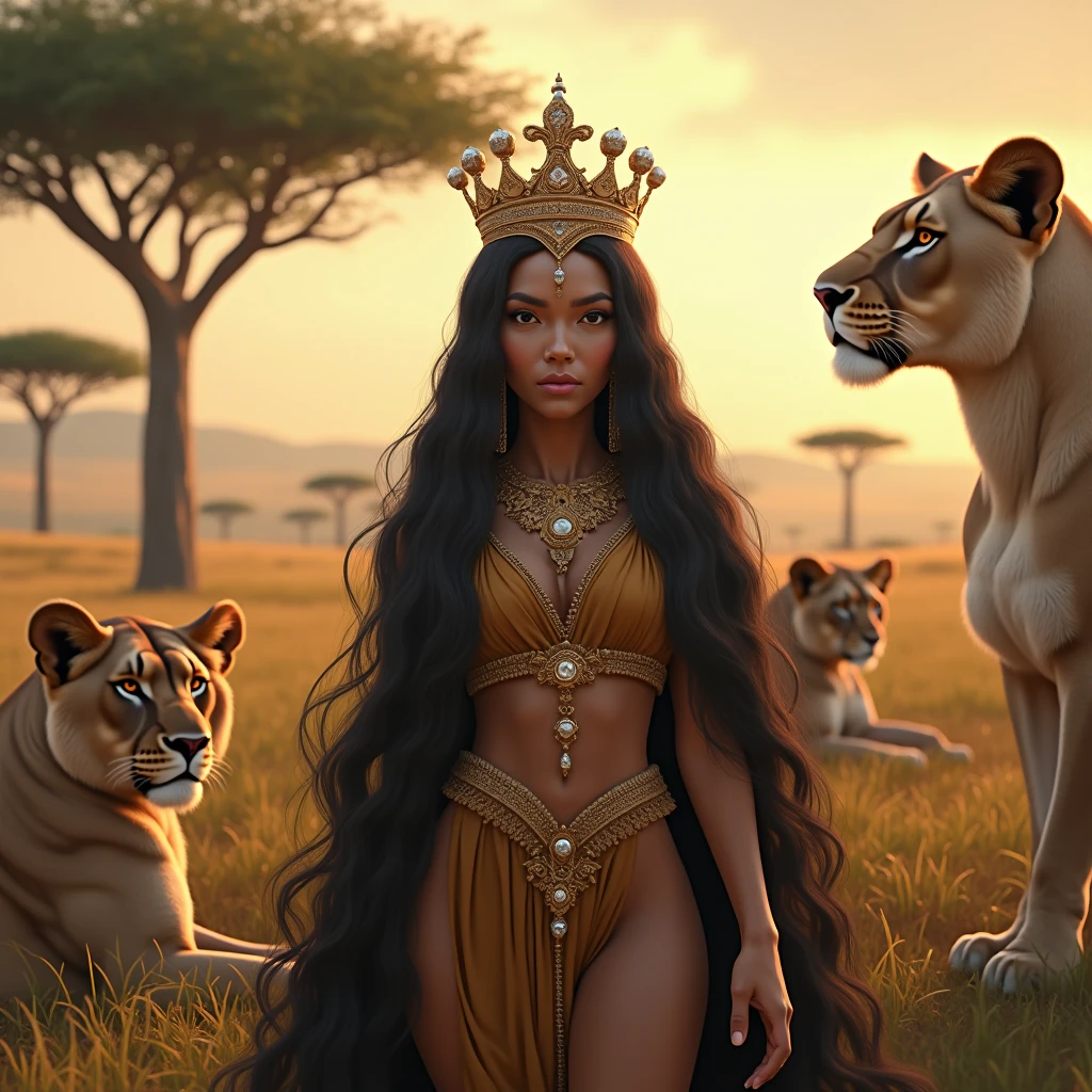 Ethiopian Queen Saba, her skin is more light, her outfit like white cotton dress, her crown like king Solomon, full body, lion and tiger, garden,guard, she is tall,bridesmaid.