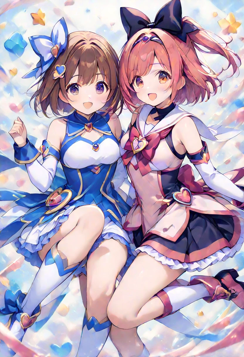 masterpiece, best quality, hinoka, short dress, white scarf, shoulder armor, vambraces, garter straps, thigh boots, red gloves, jumping, midair, yelling, clouds, cherry blossoms, 3girls, trio, triplets, clones