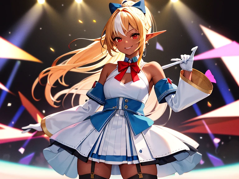 master masterpiece, best-quality, Ultra Hi-Res, One person, Shiranui Flare, streaked hair, multicolored hair, dark-skinned, Long Hair, Blonde hair, Blue bow in the hair, Pointed ears, solo, Side lock, white gloves, Detached sleeves, Garter straps, white thighhighs, High ponytail, White dress, Red eyes, big chest, red bowtie, White hair, Dark Elf, Long sleeves, bare shoulder, ponytail, cowboy shot, smilling face, stage