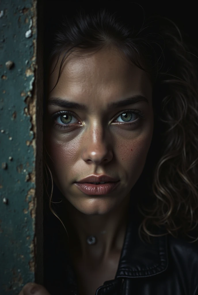 Ultra-realistic capture, Highly detailed, High resolution 16k close-up of human skin. Skin texture must be natural, With such detail that pores can be finely identified, Skin should look healthy, In a uniform tone, Use natural light and color, photo realistic, Full Body Shot, full body, woman with a collar tied to her and a chain around her neck, restrained, wearing steel collar, slave collar, prison uniform, prison, Narrow underground space