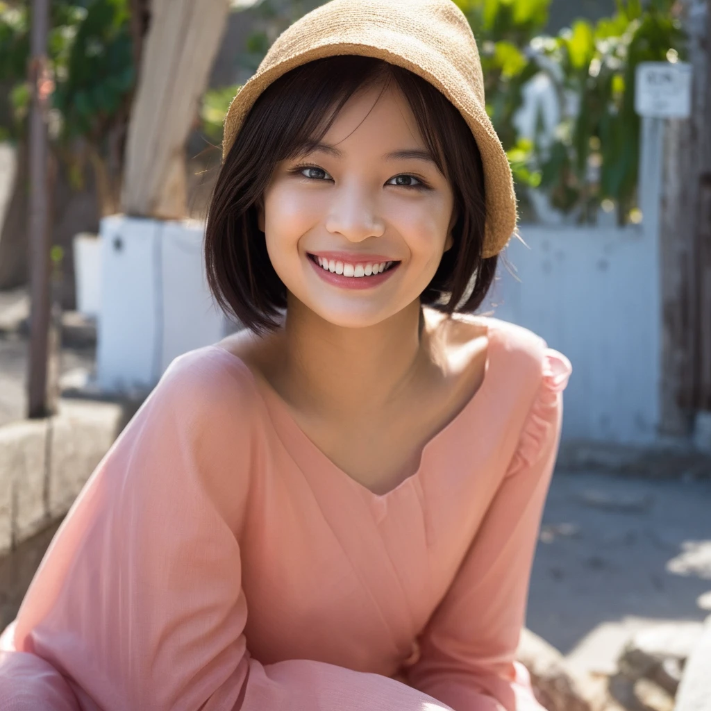masterpiece,best quality,(Japanese ),((Beautiful girl)),cleavage,(perfect body beauty:1.2),(shy smile),beautiful teeth,(Blurred background of brick buildings),(hat),