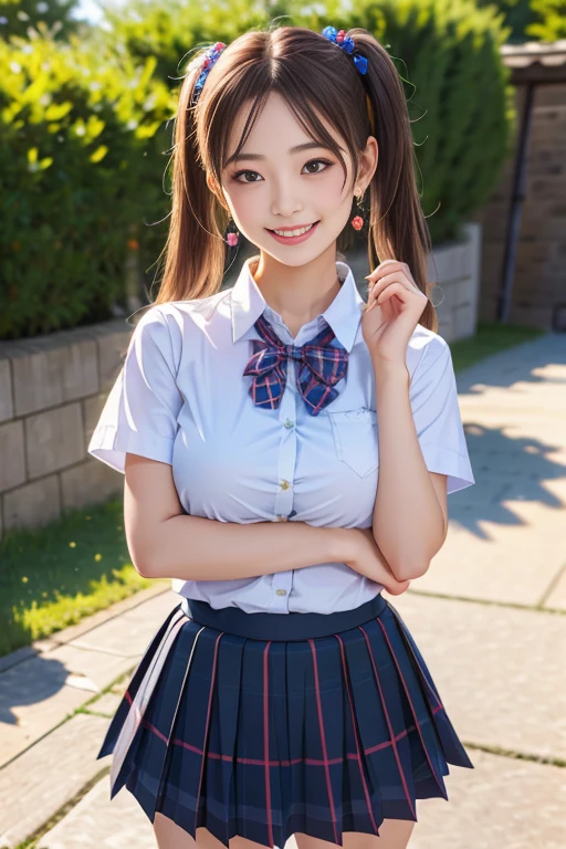 laughing out loud，Wear student sailor uniform, The sailor uniform is a white shirt, pink bow tie and pink navy collar.，pink collar，Pink pleated skirt，Pink navy collar，(knee shot), 1 girl, On the face, light brown hair, blunt bangs, hair behind ears, Hair over the shoulders, long hair, Slender body type, Super thin face, face slimming, delicate lips, beautiful eyes, Thin blush, Eyes are light brown,Check it out here, (realistic:1.3), Standing next to a Japanese street, 8k, , Super detailed, high quality, best quality, High resolution, ，Large Breasts，H CUP, 