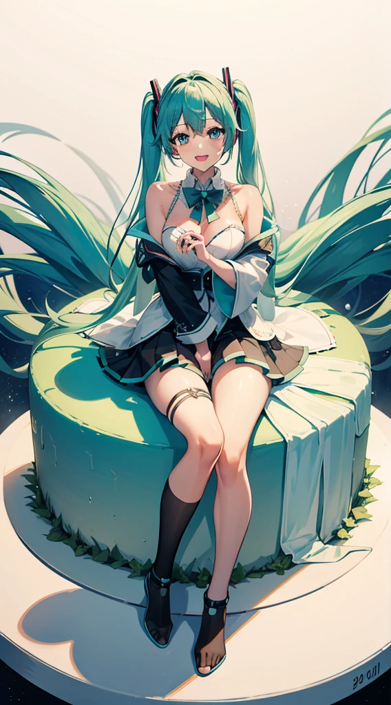 Hatsune Miku sits on a huge creamy birthday cake，The birthday cake is lit with colorful birthday candles，happy birthay，ssmile，exquisite facial features，Elaborate Eyes，Gentle and shy face，Peerless beautiful girl，Advancedsense，Hold the strawberry between the buttocks