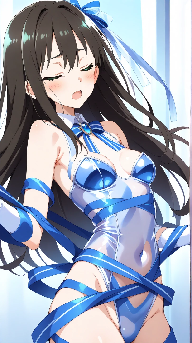 ((masterpiece:1.4、top-quality:1.2))、1girl in、solofocus、delicated face、Highly detailed anime faces and eyes、(Blur the background:1.3、(transform sequence)、((stright long hair))、Soio、Soio、8-year-old little girl、japanes、Lori、Chiquita、elementary student、A dark-haired、((white and blue leotard))、(highleg)、Tiara on the head、A smile、is standing、Facing the front、