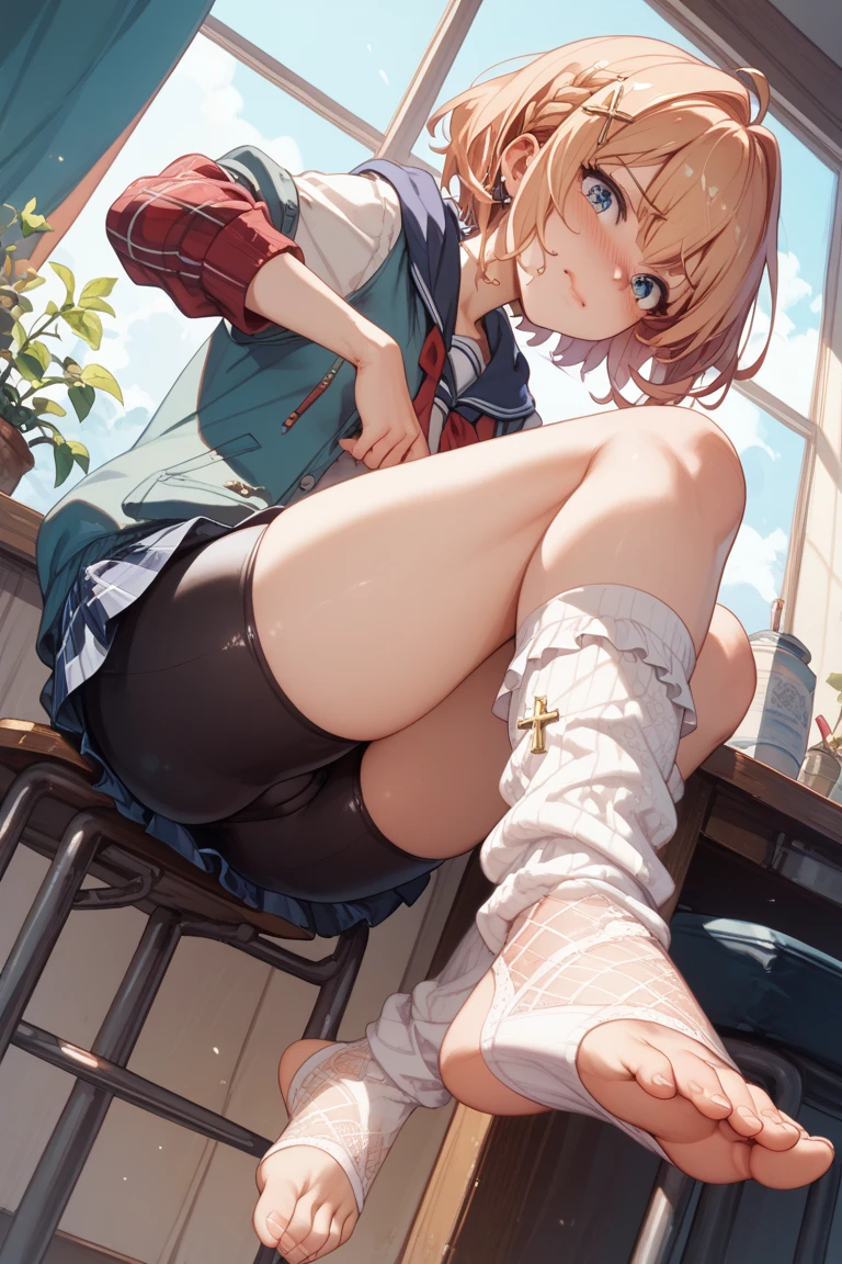 (((from front:1.3))),focus on panties,fine underwear,black panty,flat chest
,BREAK,
zetadef, braid, hair intakes, twintails, hairband, ,gyaru, collarbone, bow, loose bowtie, (((beige cardigun:1.1))), BREAK,(((white shirt))), collared shirt, long sleeves, bracelet, wrist scrunchie,blue skirt, pleated skirt,
clothes around waist,
,BREAK, 
{{{troubled face:2.0}}}, troubled face,smile, open mouth, looking down at viewer
,BREAK,
,Squat,looking down at viewer,Squatting, 
((masutepiece,hight resolution)), masutepiece, Best Quality, , absurderes, Perfect Skin, Detailed skin texture, ultra-detailliert, 8K, Intricate details, beautifull detailed face,hight resolution, 1girl ,from front.
indoors,locker room