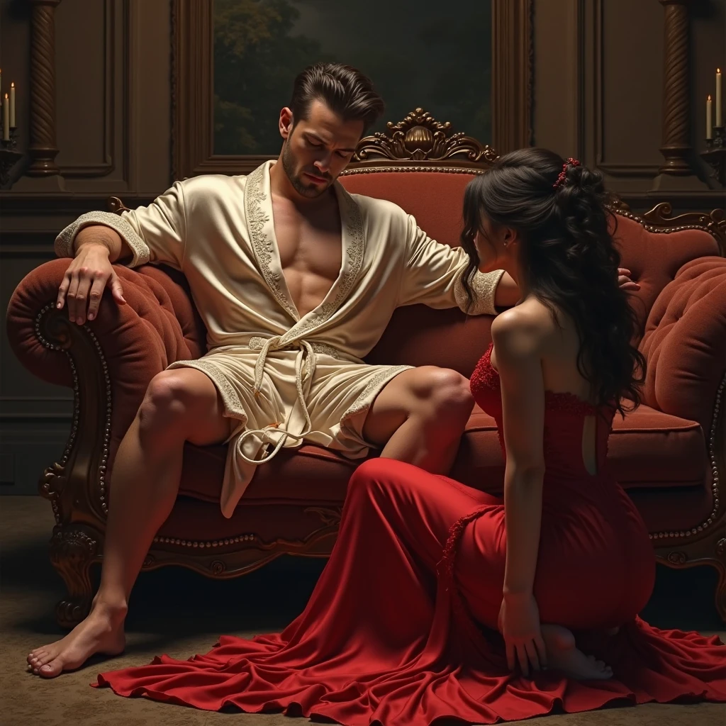 there is a man and a woman sitting on a red couch, he holds her while she sleeps, man grabbing a womans waist, inspired by Vincent Lefevre, harsh, inspired by Carlo Mense, steven klein, romance novel cover, by Dan Luvisi, mert alas and marcus piggott, edited, by Brigette Barrager, by John La Gatta