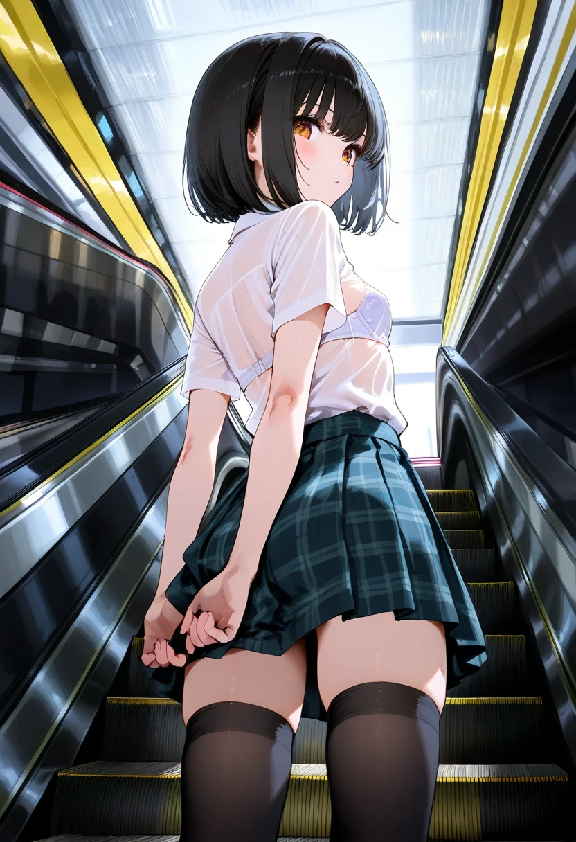 Narrow stairs in metro stations、High school girl in sailor suit runs up in miniskirt、Buttocks seen through the shortened skirt、Lean waist、white sock、Black leather shoes、Composition looking up from behind at the ass of a schoolgirl facing forward running up the stairs past me、plaid skirts、Have a school-designated shoulder bag
