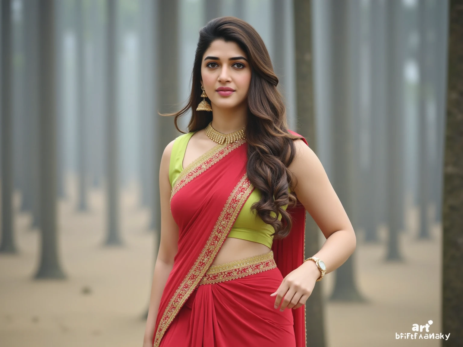 A perfect picture portrait of actress nayanthara wearing a red high slit dress with Ruby necklace