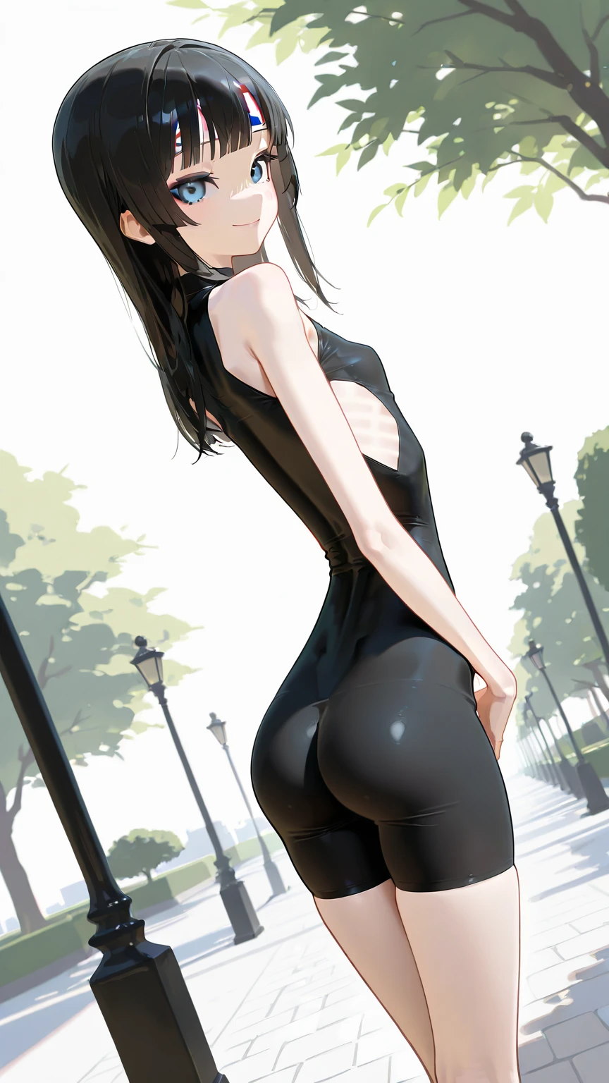 A cute young girl with black hair and green eyes, standing short, skinny and petite, with a pale, shiny skin. Her figure is accentuated by her arched back and the shape of her small and pointy breasts covered only by tight clothing --auto --s2