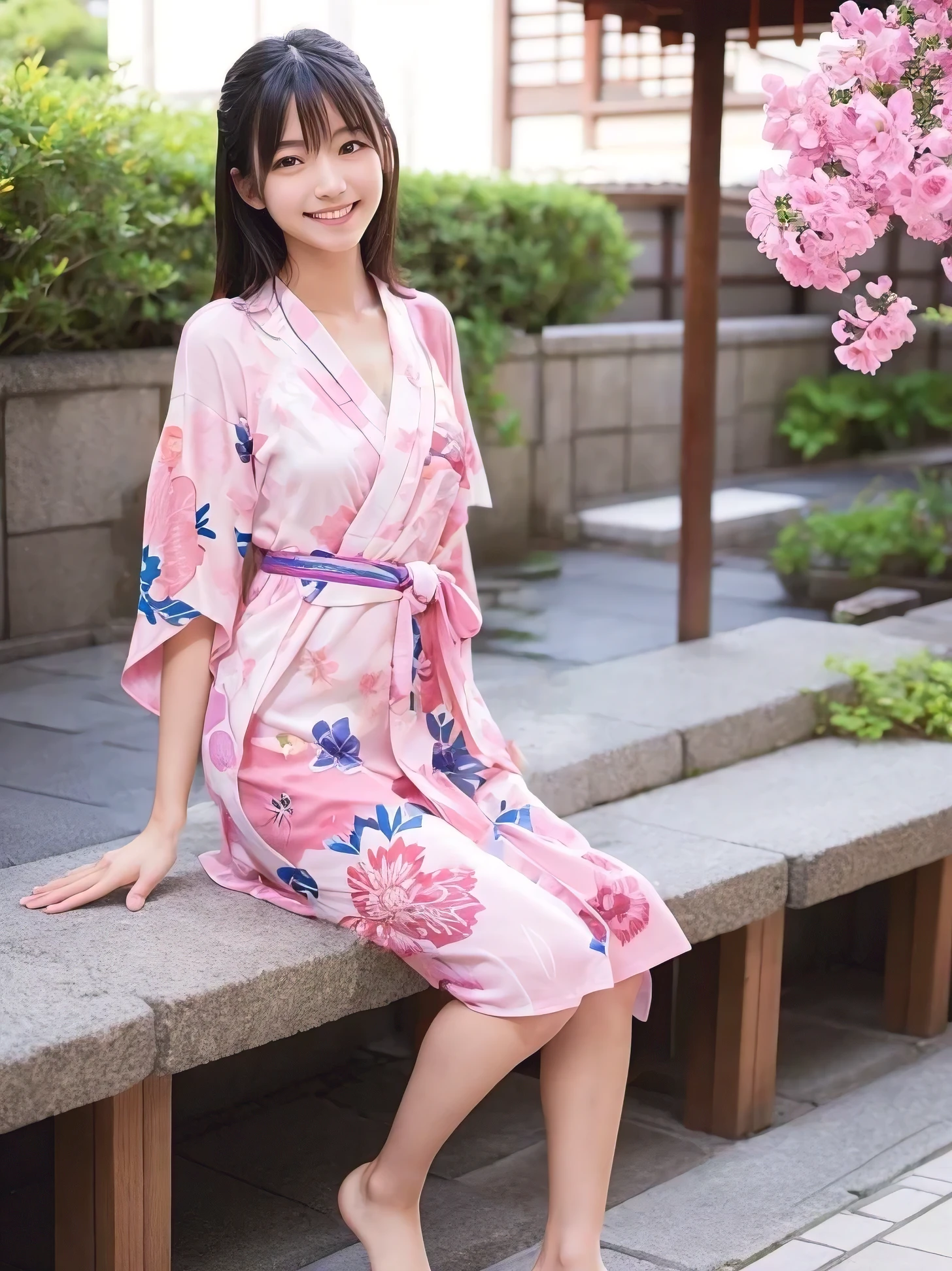 Photo Real、photoRealstic　Dark hair、Japan hair ornament、Kanzashi、Fancy hair ornaments、Flashy kanzashi、Lots of bangs、hair adornments、Tied hair　with round face、drooing eyes、cheeks turn red、Smiling happily　Brightly colored yukata robes、Japanese Yukata、Yukata with flashy pattern、Yukata with flashy illustrations、Yukata with prominent illustrations、Large belly roll　hi-school girl、sixteen years old、japanes、skinny  body、Beautiful skin、large full breasts　Pose boldly opening legs、He enjoys、Frolic Pose、Frolicking、free pose、unique pose、unique pose、full body Esbian　Background with、Summer Festivals、Midnight、skyrocket、Crowds、Crowded alleys、Alley where many people are walking、jpn