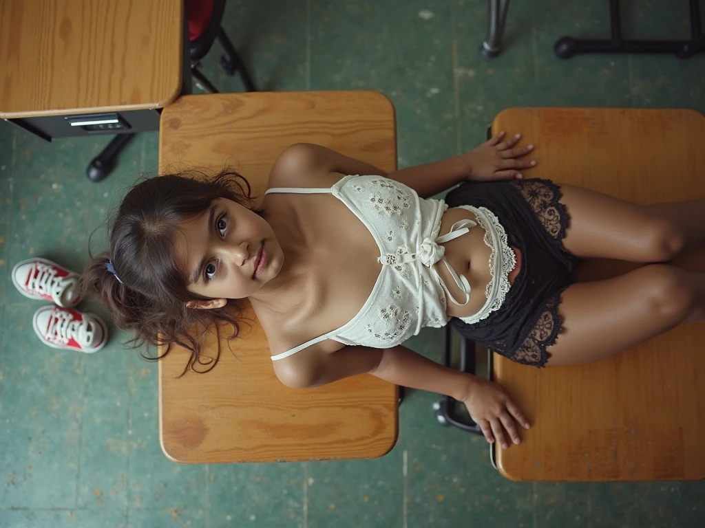 ((best quality)), ((masterpiece)), (detailed), 13-year-old girl, black hair, short hair, white sheer underwear, standing in a classroom surrounded by students,