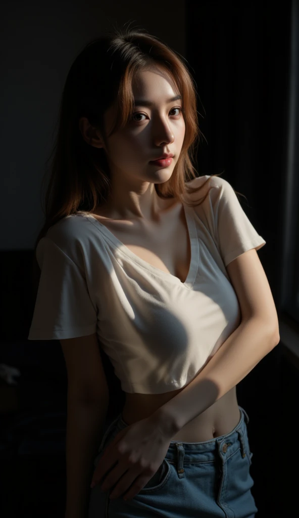 1girl, 18 years old, mix4, (8k, RAW photo, best quality, masterpiece:1.2), (realistic, photorealistic:1.37), cute, night, rain, humid, professional lighting, photon mapping, radiosity, physically based rendering, ultra high resolution, (medium breast: 1.2)