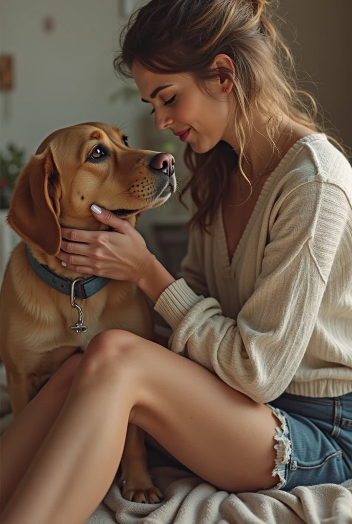 Young woman with nordic features, smiling, blue eyes, sitting on a sofa at home with a dog on her lap, realistic photo with high definition, cozy atmosphere, natural lighting, candid moment --ar 68:128