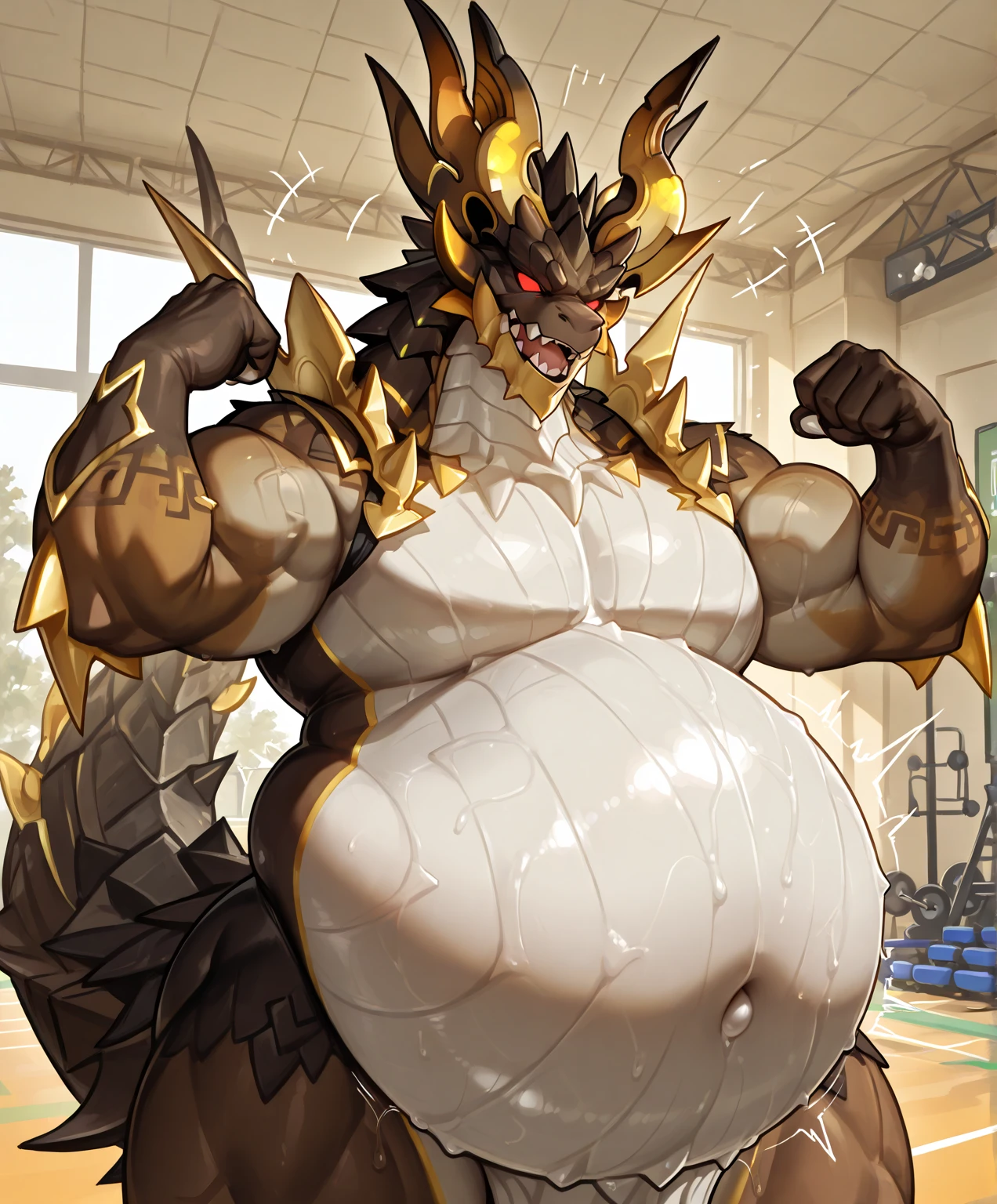 blue tall dragon、Pointed blue scales all over the body、blue crocodile-like body、overeating、lower abdomen swollen with fat、Abdomen swollen to a huge size as if pregnant、Abdomen about to burst、silver mane、Belly so hairy that you can't see the skin、large amount of pubic hair、large amount of belly button hair、Overflowing armpit hair、golden eyes、huge bulge in the crotch、Crotch about to burst、A large amount of drool overflowing from the mouth、thrust one's hips forward、all fours pose、peace sign、Composition looking up from below、Completely naked、drenched whole body、a large amount of spilled milk、very large amount of white slime、A laughing expression、A white loincloth that is about to be taken off、The outline of a huge male genitalia、white swamp background