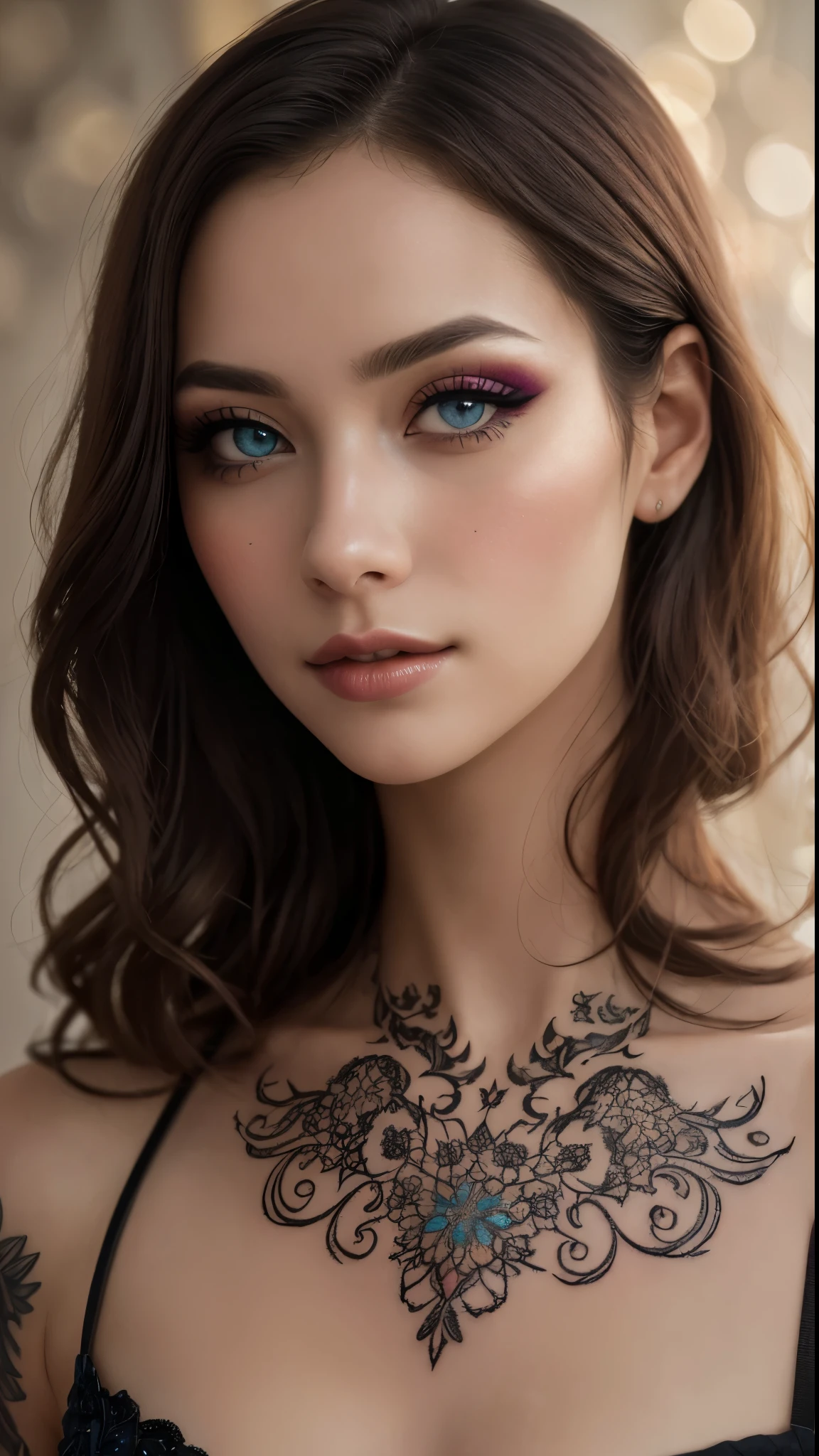 A breathtaking full body portrait of pure femininity, highlighting unparalleled beauty, captivating eyes, and skillful makeup with blush. The scene is adorned with intricate details, and the harmonious background creates a perfect balance. (Breathtaking portrait of pure femininity:1.4), (Unparalleled beauty with incredible eyes:1.3), (Skillful makeup with blush:1.4), (Adorned with intricate details:1.3), (Harmonious background for perfect balance:1.4), HDR. Inspired by captivating portrayals of femininity, this image emphasizes beauty, mesmerizing eyes, skillful makeup, and a harmonious background with intricate details. 4K UHD image, Cinematic view, Photorealistic, High-definition, Intricate, Sharp, Ultra-detailed, Crisp
flower tattoos, (mystical tattoos),
BREAK,
(masterpiece:1.1), (bestseller), (masterful), hotify, sexy, (sfw:1.5), intricate detail, photo, high resolution, highres, intricate detail, (shiny skin:1.2), extremely high detail, extreme detail, Fuji Film, photograph, (realistic skin texture:0.4), (volumetric lighting), (dynamic lighiting), godrays, Rembrandt lighting, real shadows, intricate detail, photorealistic, photograph, photo, dlsr, Fuji Film, extremely high detail