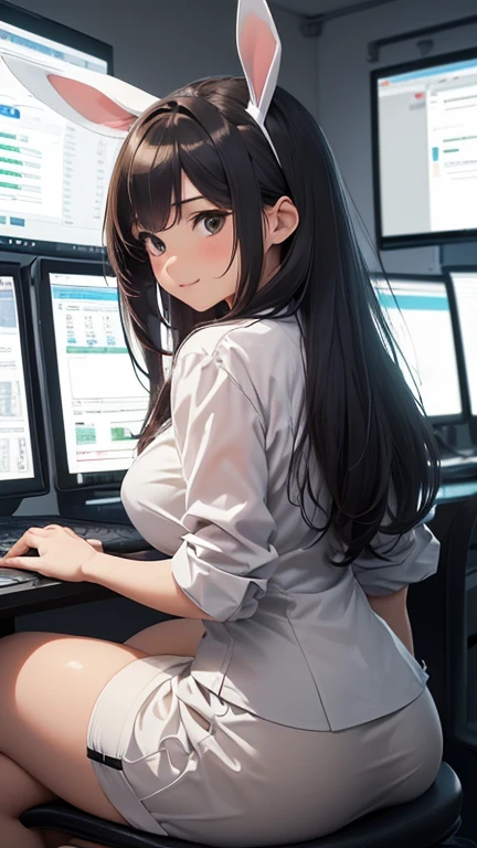Gorgeous woman sitting with legs spread on chair on chart in stock trading office
