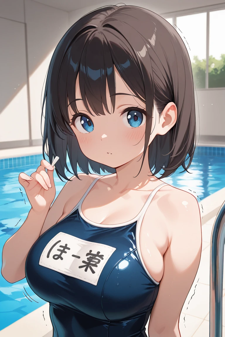 (best quality), ((masterpiece)), (highres), illustration, original, extremely detailed,   yyds, 1girl, solo, watanabe you, breasts, blue eyes, swimsuit, cleavage, bikini, towel, looking at viewer, short hair, medium breasts, blush, blue bikini, wet, poolside, pool, bow, sparkle, wet hair, brown hair, water, blue bow, bikini skirt, collarbone, holding, grey hair, bangs