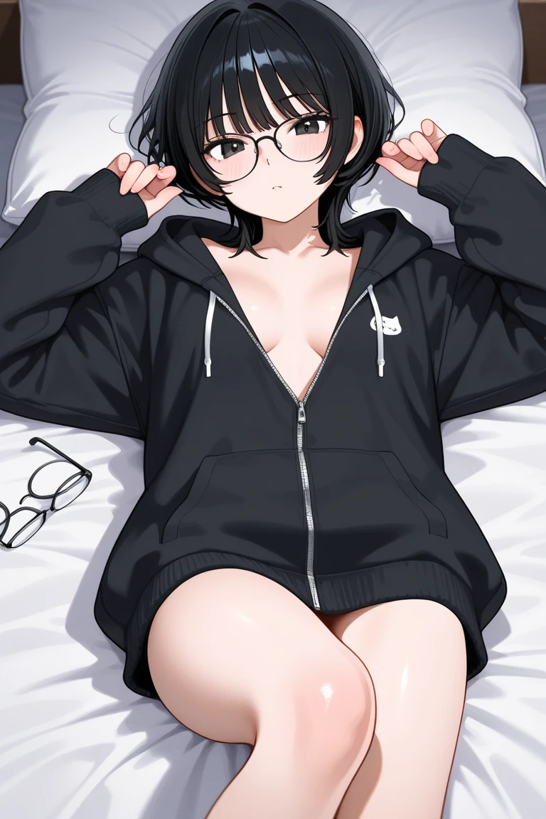 Sexy and cute woman, black hair in a ponytail, glasses, perfect lips parted, purple knitted off shoulder sweater, bare shoulders, black pants, lying on bed, head on pillow, facing up, seductive gaze and smile, blushing intensely, medium chest, cleavage, perfect body