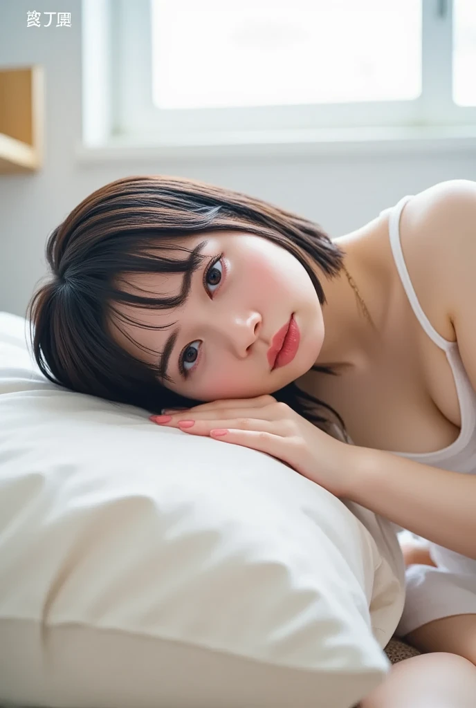 (Top quality, 4k, 8k, high resolution, Masterpiece: 1.2), Super detailed, (Real, Photorealistic, Photorealistic: 1.37), Cute bed, Underwear, Sleeping, Japanese, Girl, Black hair, Ghibli anime style.