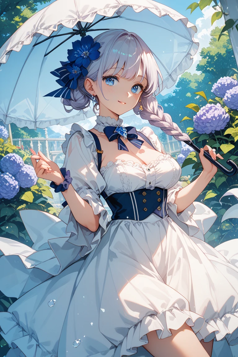 (best quality,high resolution,Super detailed,lifelike:1.2) short white hair, tomboy hair, boyish hair, Blue shining eyes, big breasted, holding flower bouquet