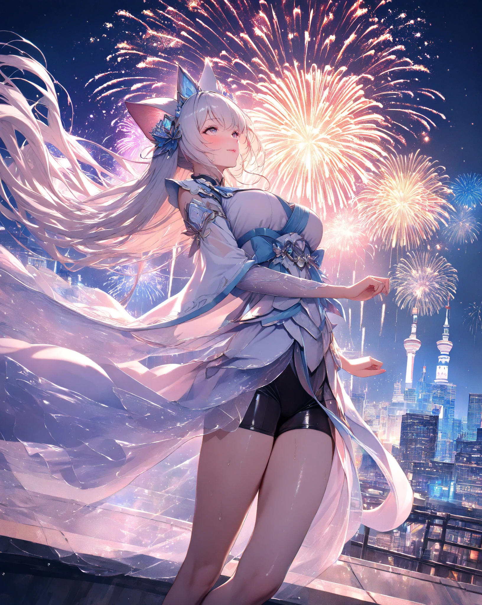 Imagine a futuristic 4th of July celebration with holographic displays and fractal projections, symbolizing the technological revolution intertwined with the spirit of freedom. enormous tits
