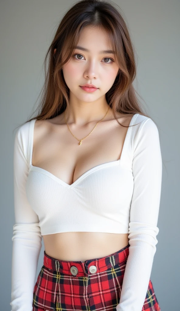 beautiful girl White clothes Upper Body I can see her cleavage Mouth half open Looking up