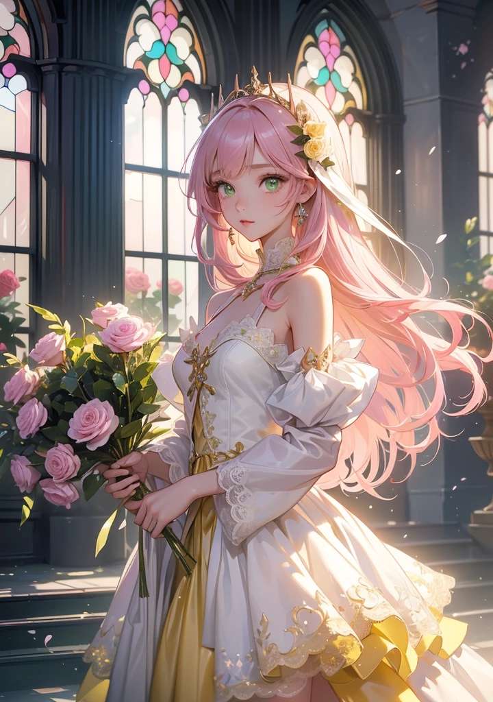 ((masterpiece, best quality)), 1girl, flower, solo, dress, holding, sky, cloud, hat, outdoors, bangs, bouquet, rose, blush, pink hair, flower field, red flower, pink eyes, light pink dress, looking at viewer, midium hair, holding flower, small breasts, red rose, holding bouquet, sun hat, white headwear, depth of field