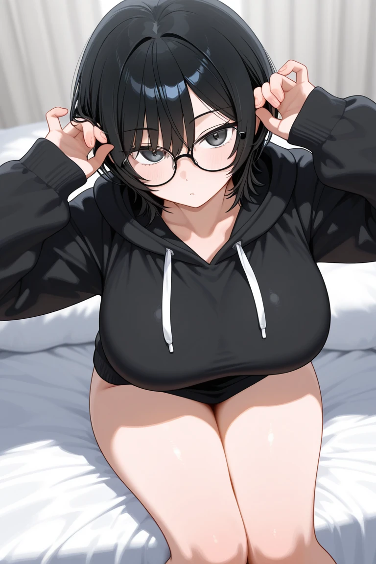 black short bob, medium breast, brown eyes, adult lady, black tight sweater, black tight skirt,black glasses, add detail, masterpiece, on the bed,embarrassed,flushed cheek,fully open mouth,excited, shiny skin, shiny body, 1girl,((cowgirl sex,closeup,torogao,feeling orgasm))