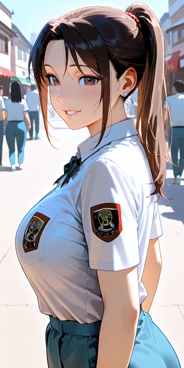 (masterpiece:1.2, best quality), (Realphotos, Crafted with meticulous precision), solo, 1milf, home, close-up face, Ultra-skinny white T-shirt exposes the lower chest,huge boob,cleavage,Super short gray pleated skirt,White suspender stockings, (front focus), large circle earrings, looking at me, Seductive expressions,pony tails,Standing on the bustling street