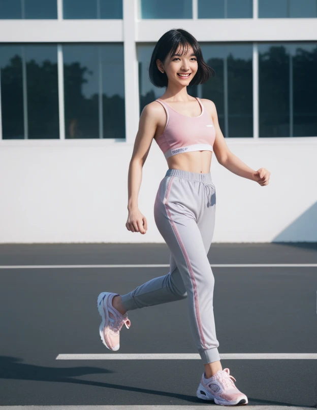 1 girl, solo, running, Gray Track Top, pink shorts, ponytail, athletic build, dynamic brushstrokes, fluid movement, capturing the essence of her athleticism and energy, using light colors and soft tones to create a dreamy and ethereal atmosphere, portraying the motion and grace of running, showing the wind blowing her ponytail and clothes, and the scenery of her surroundings.

outdoors, detailed background, Modern metropolis,