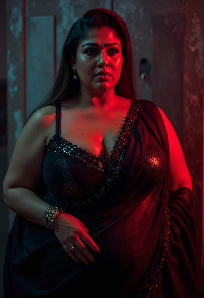 Looks like Aparna Dixit, full body Closeup shot, Big chubby aunty, milf, cougar lady witch, horny Gothic milf,  35 years old gorgeous mature lady, pervert demoness, demoness of lust, curvy, black lips, horny face, extremely gorgeous, thick figure, heavy physique, voluptuous, curvy, sexy figure, Fashionable portrait of androgynous alien looking witch wearing veil, glowing eyes, futuristic design, minimal details, givenchy, photoreal, 200mm, hd, f/ 2.0, highly detailed, surreal, sexy beautiful evil woman, sexy bold sequin Saree with strapless Bra, chudail, Pishachini, horror genre, blood-thirsty enchantress, powerful female spirit, eerie, drop dead, in the style of red and blue, (intricate details, hyperdetailed:1.15) (skin texture:1.2), dark Moody tone, cinematic lighting, haunted place in background, 