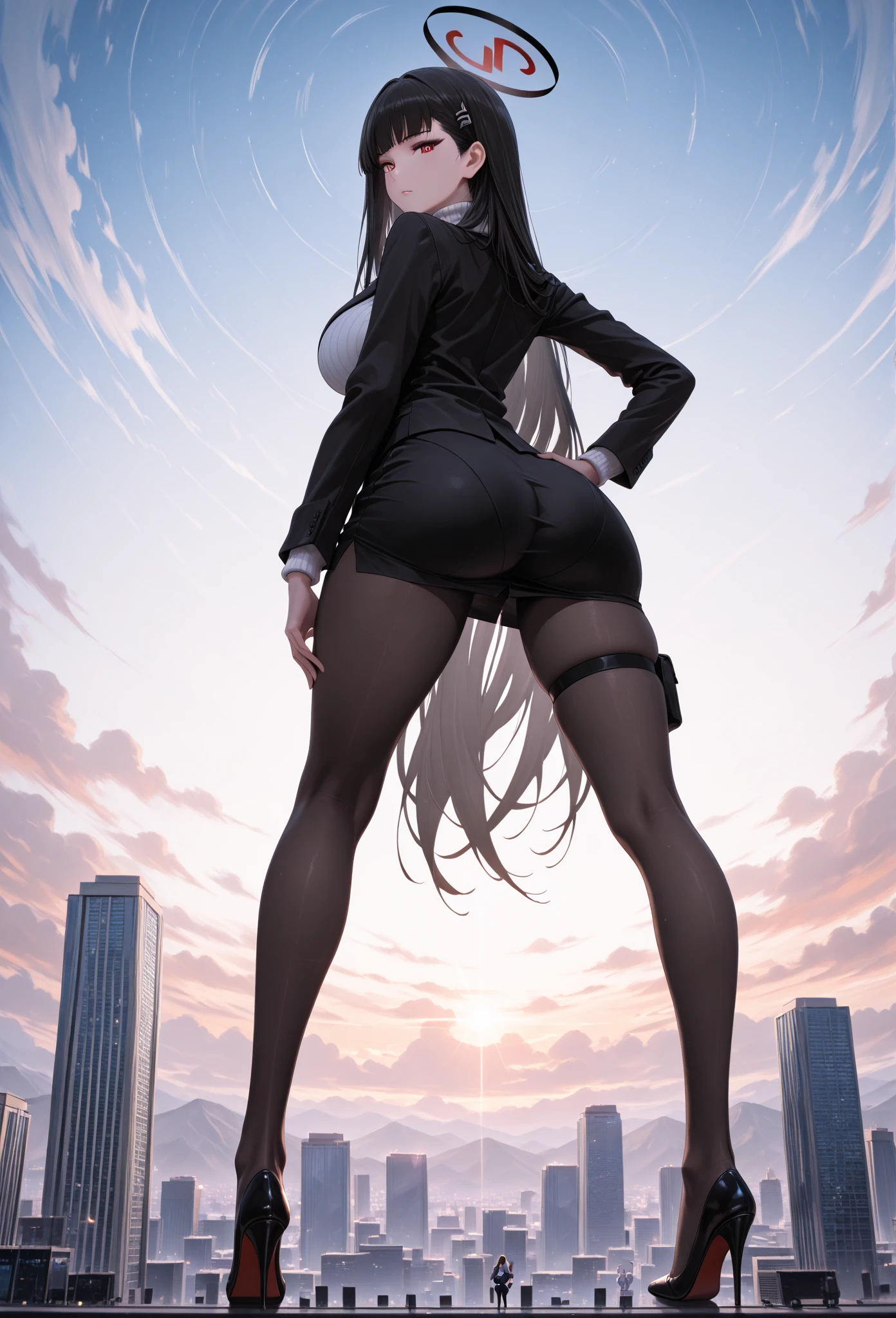 "A tall man、Giantess in casual top,and sports and. Her toned physique and athletic figure hint at her immense strength.. She seemed to be strolling leisurely in the bustling streets of GTS City, Towering buildings loom overhead. Smoke and clouds rolled around her, Adds epic scale and drama. Dim Lights, gloomy, and realistic, Create tension、Ominous atmosphere. The perspective is from below, Emphasizes the sheer majesty and power of the giantess."