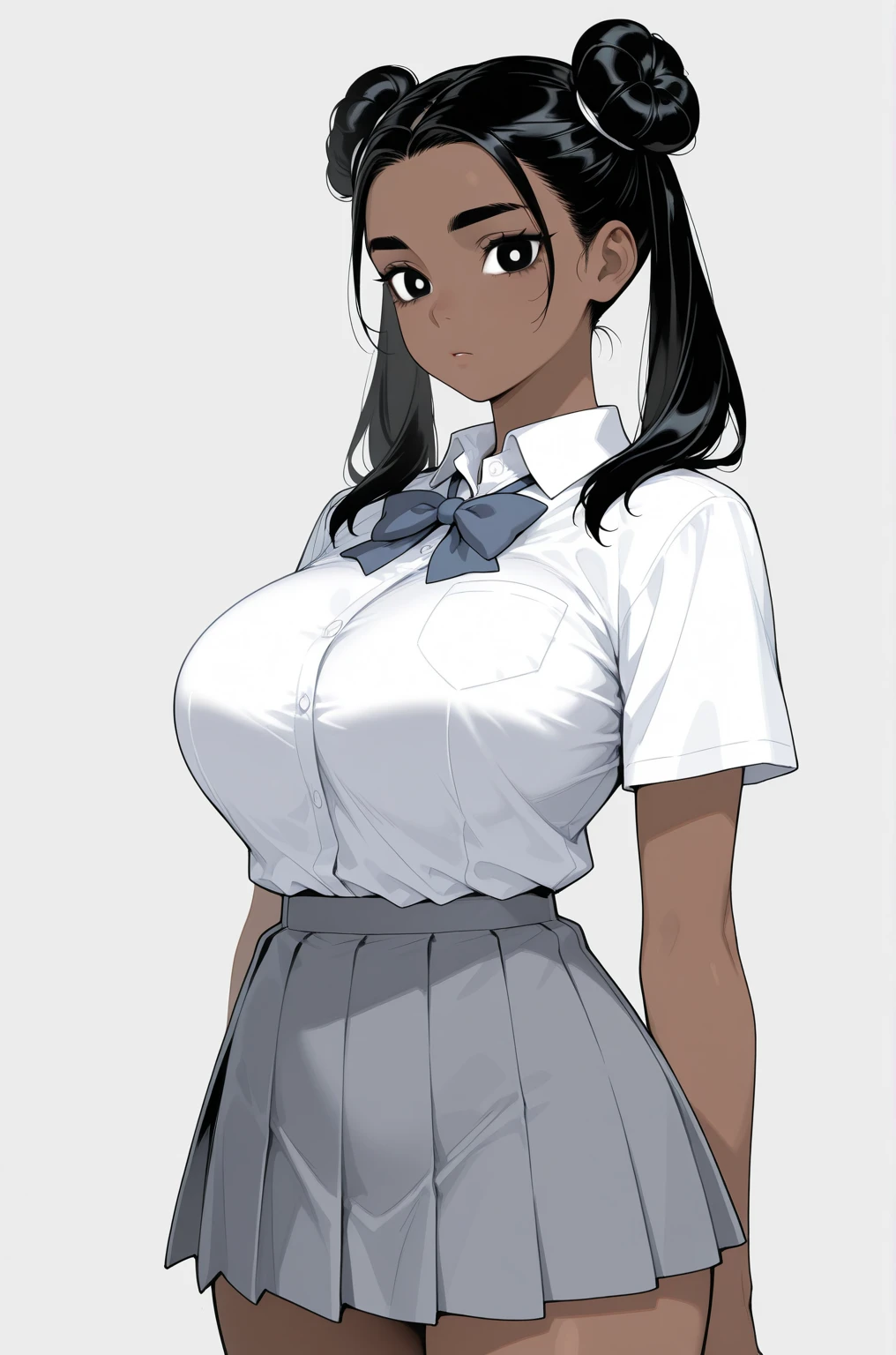 (8k ultra HD quality, best quality, art, high quality, perfect light, absurd, ultra detailed: 1.21, woman, alone, dark-skinned woman, black hair, dark skin, big breasts, sexy, Japanese school costume, portrait, black knee-high socks, sexy student, parted lips, dark eyes, looking at viewer, Japan street background, huge breasts, small sample, sexy, olive skin, dark skin, holding breasts, wallpaper, short skirt, high school girl sexy.