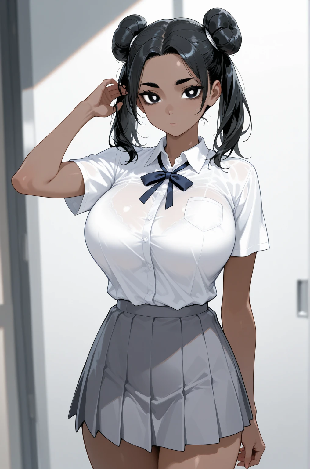 (8k ultra HD quality, best quality, art, high quality, perfect light, absurd, ultra detailed: 1.21, woman, alone, dark-skinned woman, black hair, dark skin, big breasts, sexy, Japanese school costume, portrait, black knee-high socks, sexy student, parted lips, dark eyes, looking at viewer, Japan street background, huge breasts, small sample, sexy, olive skin, dark skin, holding breasts, wallpaper, short skirt, high school girl sexy.