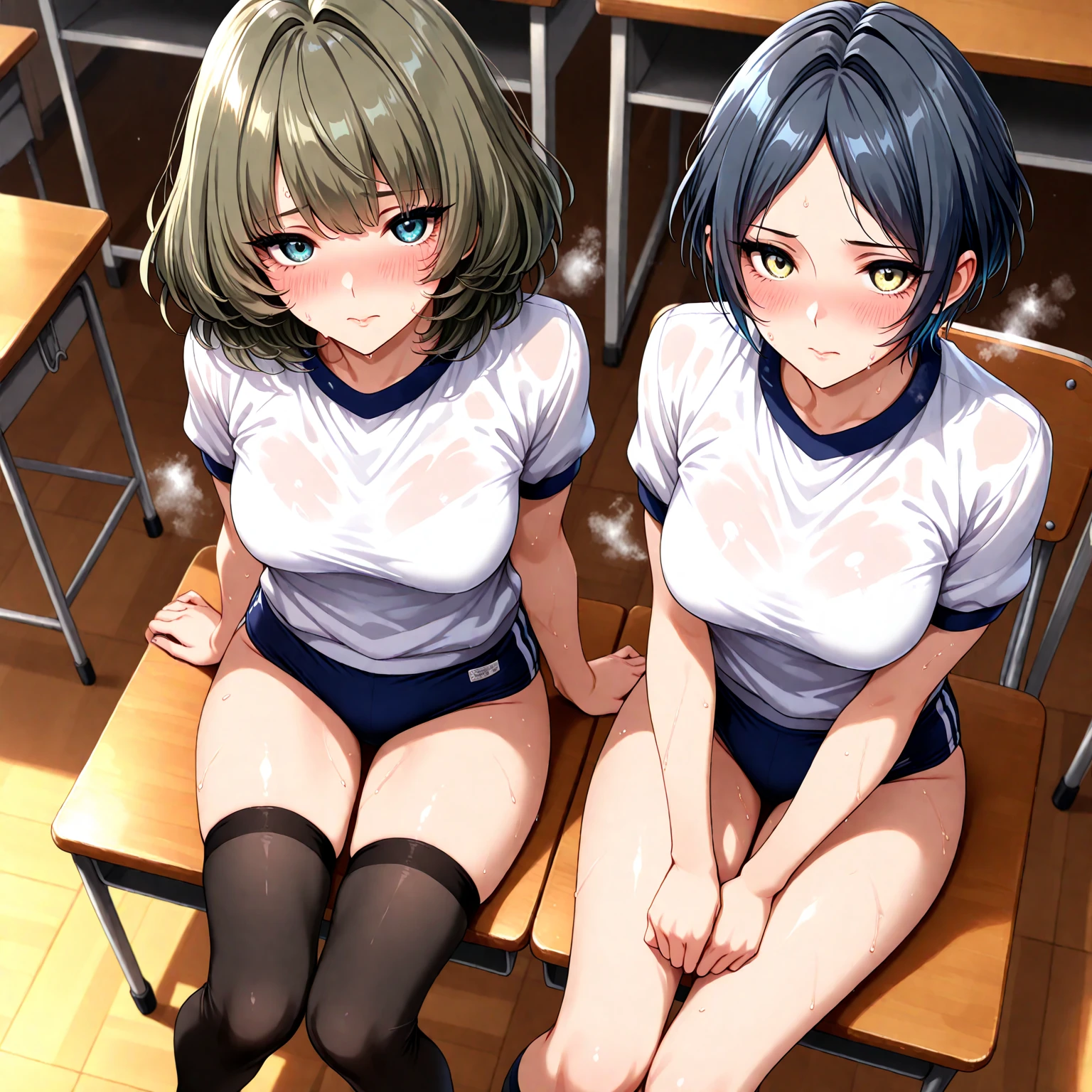 Mother and daughter, ages 33 and 10、Urine-soaked underwear、Peeing on your own、Standing、Both hands are tied、classroom、Nipples、pubic hair