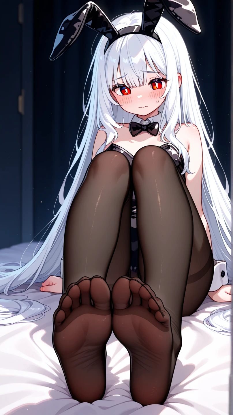 (1 girl), Ray tracing, (Dim lighting), (Detailed background (Bedroom)), ((Silver hair)), ((Silver hair)), (Fluffy silver hair, plump and slender girl) with high ponytail, Silver-red eyes, In the ominous bedroom, (highly details eye:1.3), (Girl wears intricately embroidered black high-waisted pants with pantyhose: 1.2), White ruffled bow gloves, (showing a delicate slim figure and graceful curves:1.2), Correct limbs, sitting with knees up, (8K, RAW photo, Best quality, Masterpiece:1.2), (Beautiful long legs:1.3)